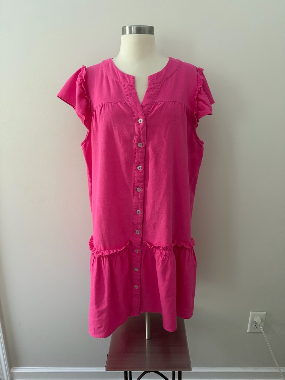 For Cynthia Linen Viscose Hot Pink Button-Front Ruffle Mini Dress XL Barbiecore